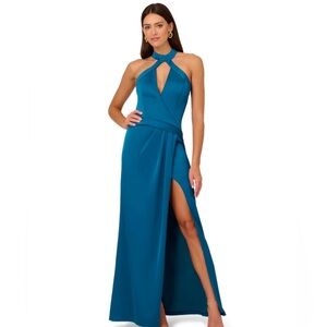 NWT LIV FOSTER CUTOUT HALTER GOWN WITH FAUX WRAP DETAILS IN PEACOCK. Size 6